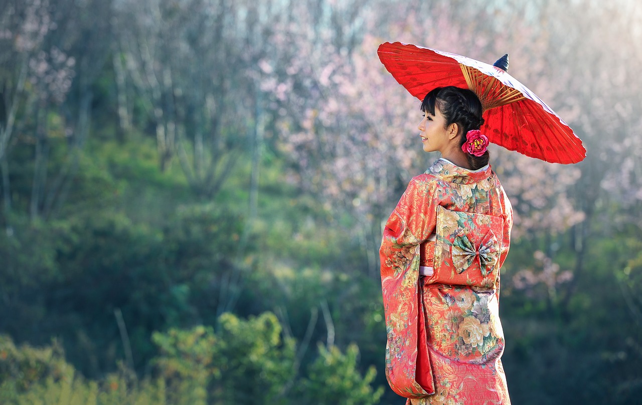 a Japanese girl wearing kimono and holding an umbrella